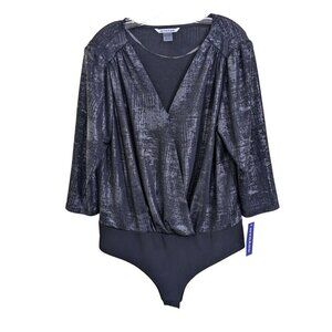 Womens Body Suit Bodysuit XL Surplice Faux Wrap Black Foil Missy Camo Refresh